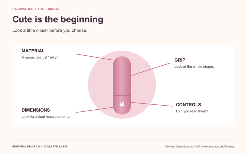 Cute vibrator illustration with callouts for material, controls, dimensions and grip.