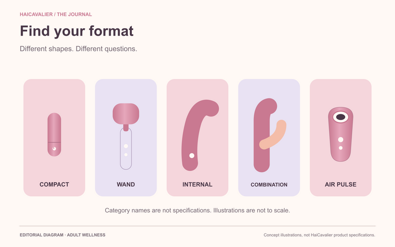 Vibrator type overview with compact external, wand, internal, combination and air-pulse formats.