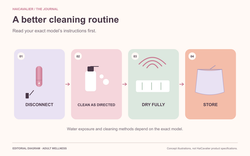 Vibrator cleaning sequence: disconnect power, clean as directed, dry fully and store.