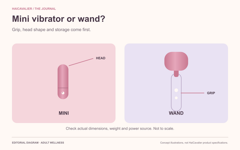 Mini vibrator and wand comparison showing their different handles and contact areas, not to scale.