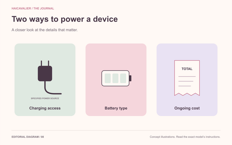 Two ways to power a device. Charging access; Battery type; Ongoing cost.
