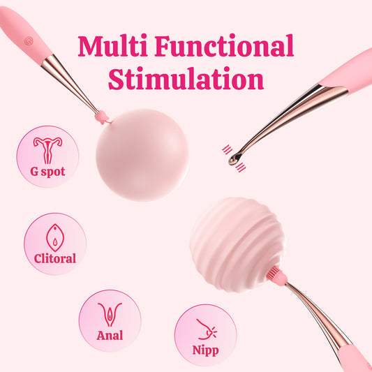 Pink-handled vibrator pen and tips pictured in a product feature graphic.