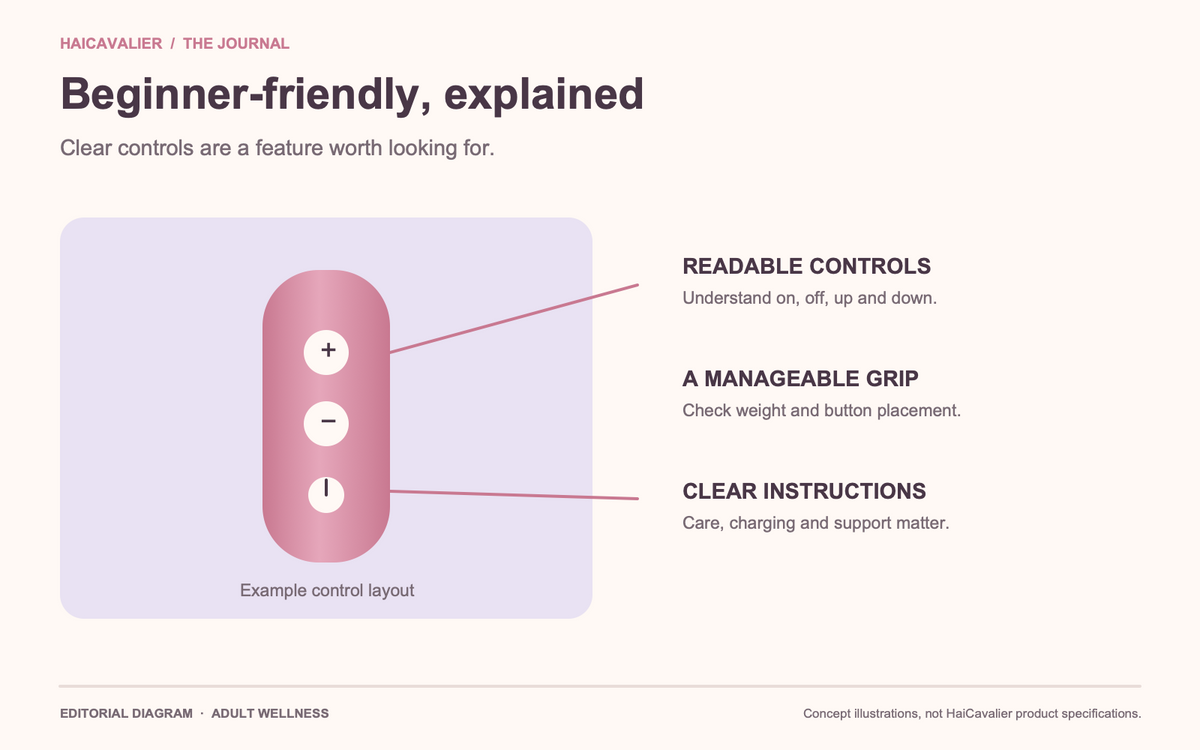 Beginner-friendly vibrator diagram highlighting readable controls, grip, care instructions and support.