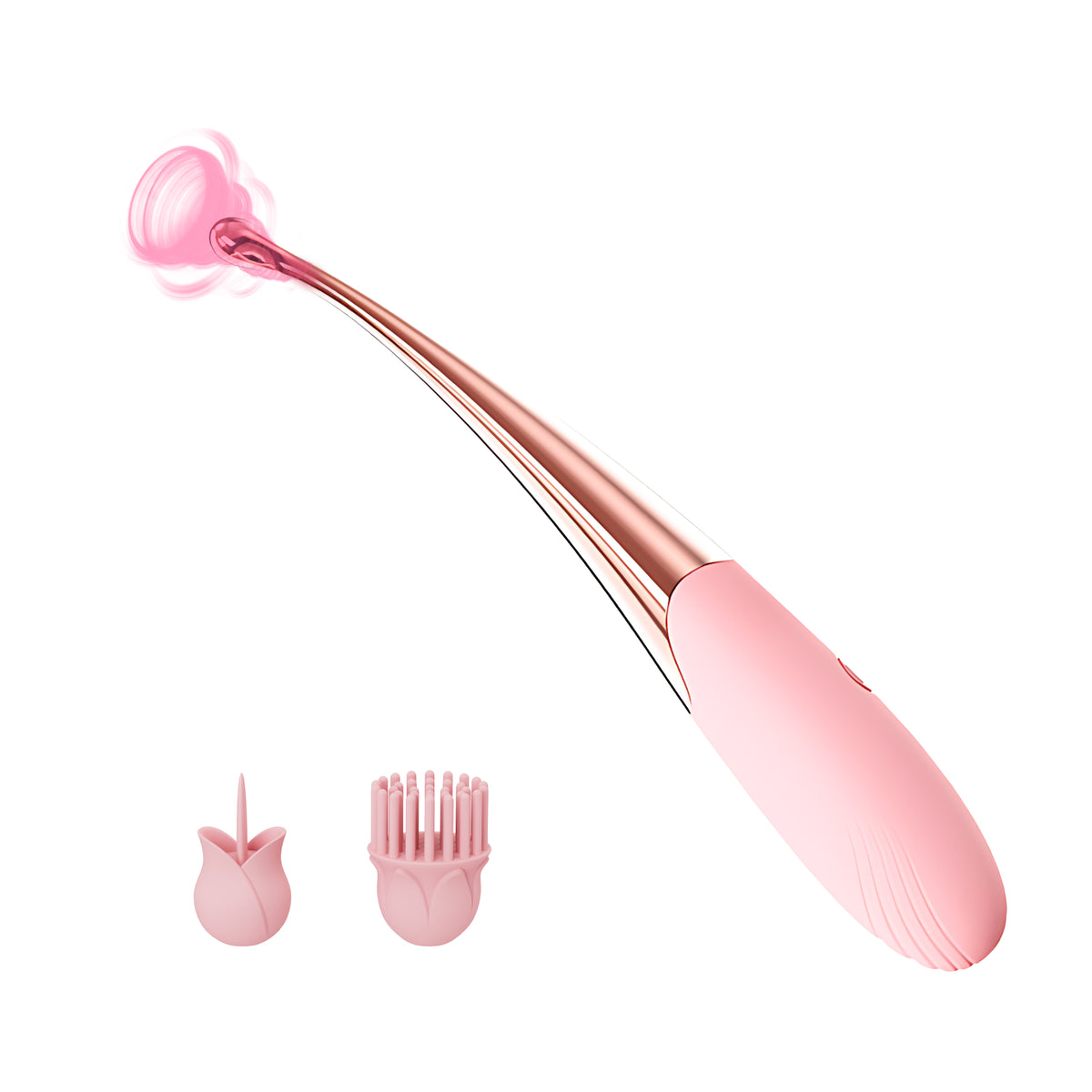 Slim curved vibrator pen with a pink silicone grip and three tips pictured on white.