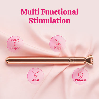Rose gold mini bullet vibrator pictured in a product feature graphic.