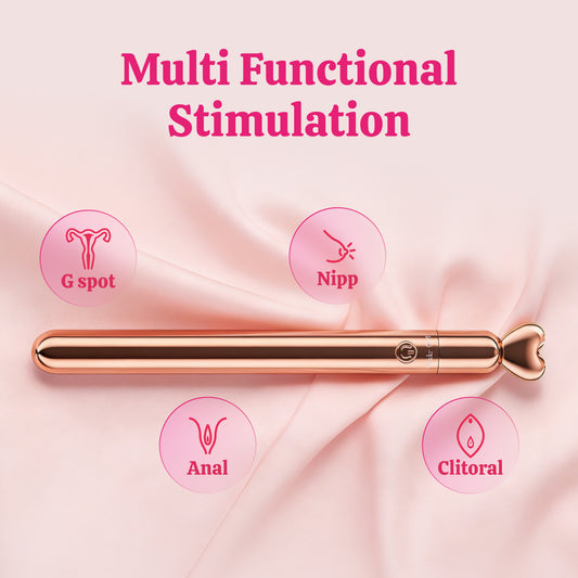 Rose gold mini bullet vibrator pictured in a product feature graphic.