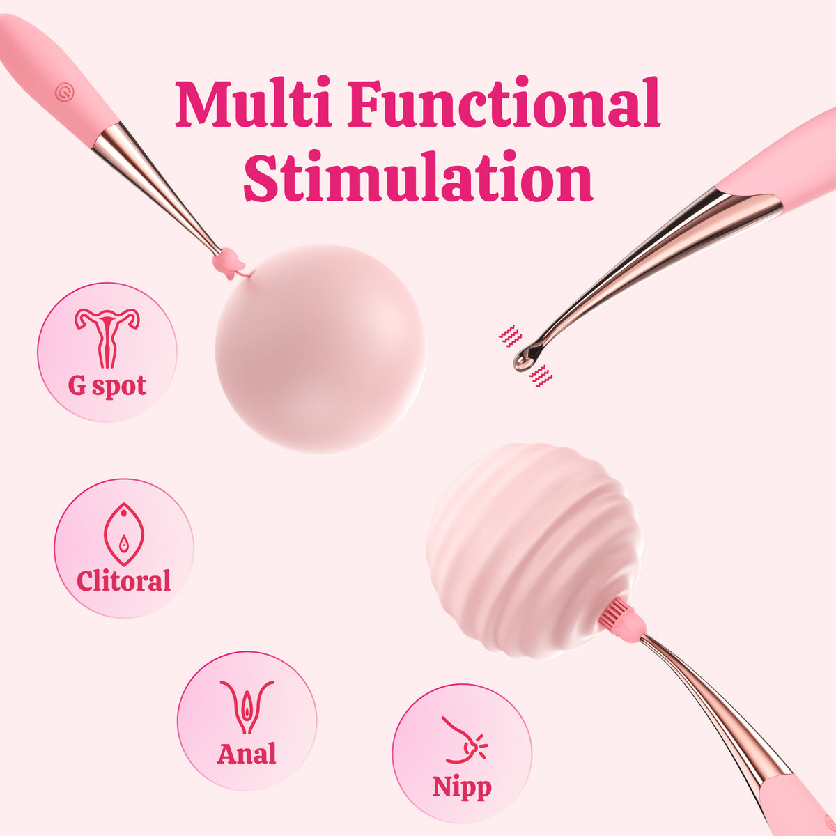 Pink-handled vibrator pen and tips pictured in a product feature graphic.