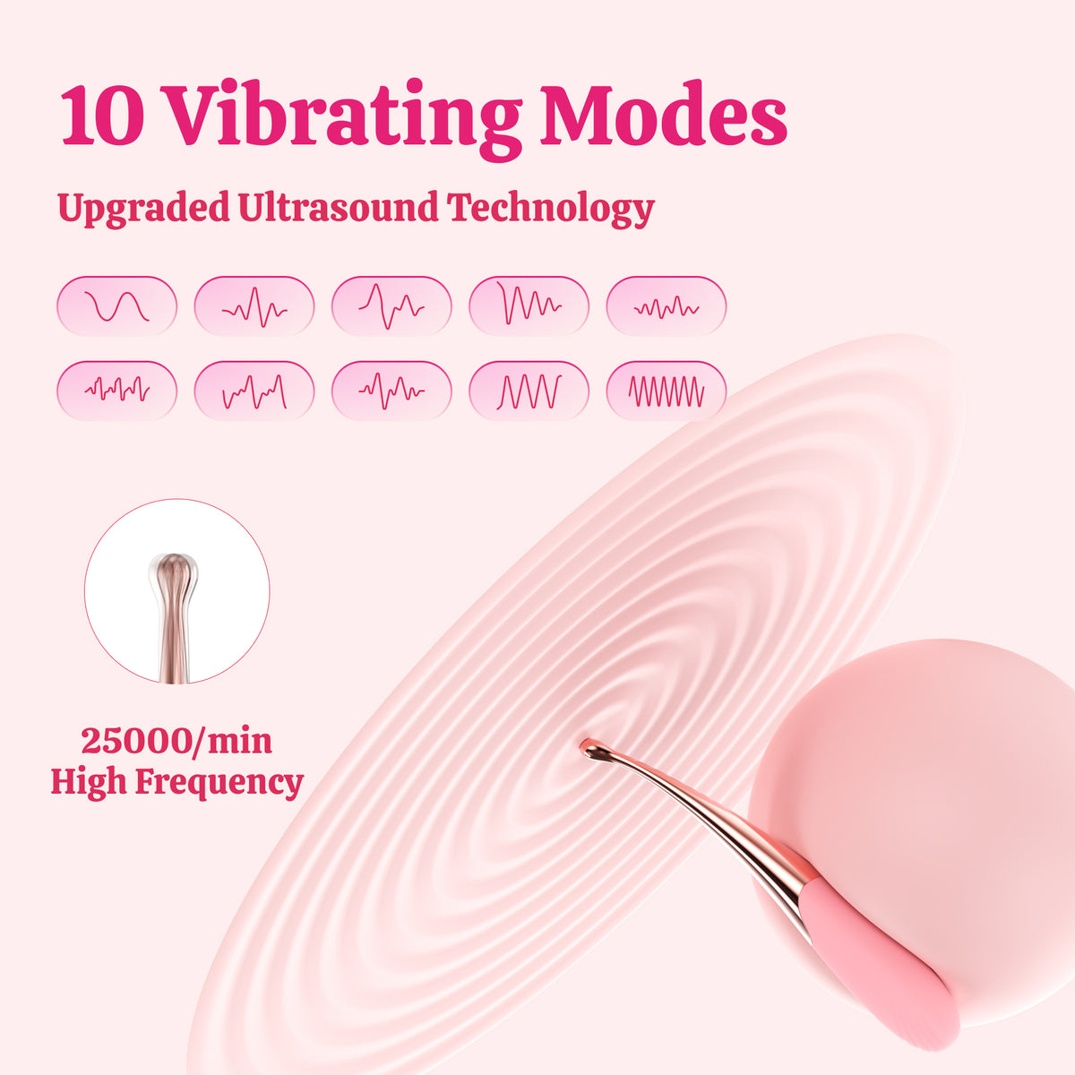 Graphic showing 10 vibration modes for the pink slim vibrator pen.
