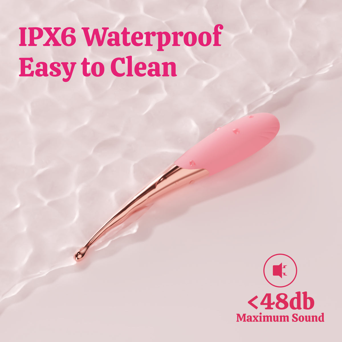 Water-resistance and sound-level graphic from the slim vibrator pen listing.