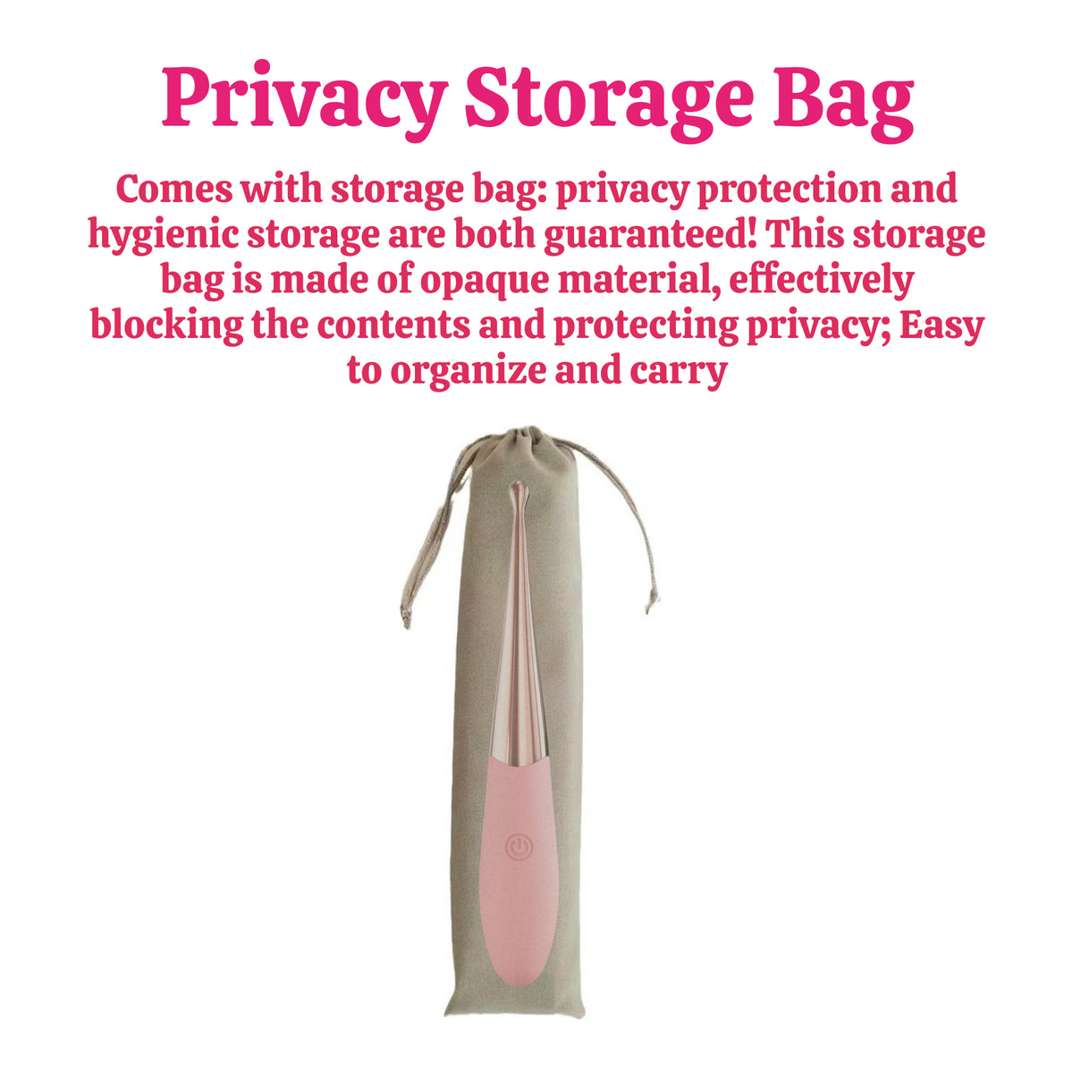 Slim vibrator pen pictured inside a drawstring storage pouch.