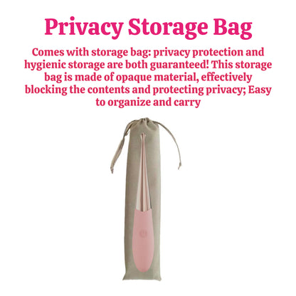 Slim vibrator pen pictured inside a drawstring storage pouch.