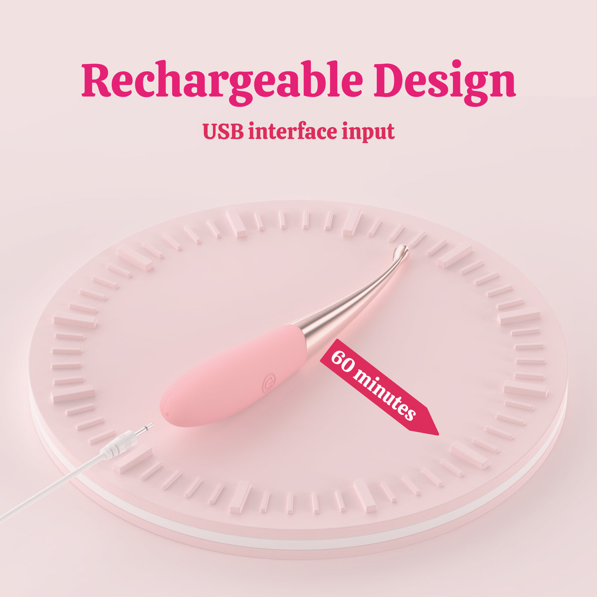 Rechargeable-design graphic showing the pink slim vibrator pen.