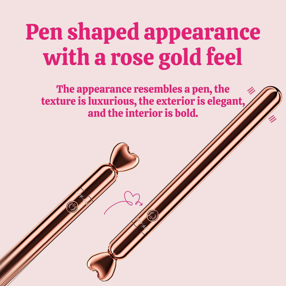 Two views of the rose gold mini bullet vibrator and its heart-shaped cap.