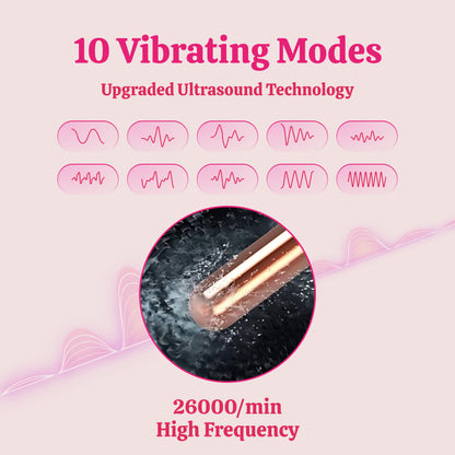 Graphic showing 10 vibration modes for the rose gold mini bullet vibrator.