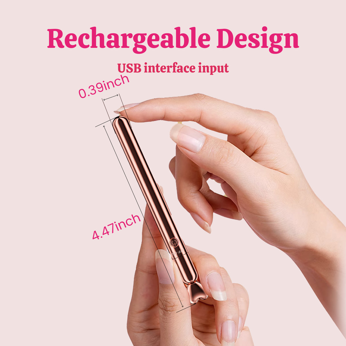 Rose gold mini bullet vibrator held in a hand with dimensions labeled.