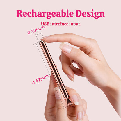 Rose gold mini bullet vibrator held in a hand with dimensions labeled.